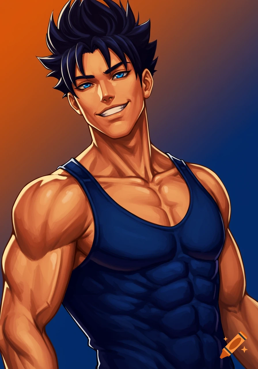 Muscular anime man with dark spiky hair and blue eyes wearing a blue tank top.
