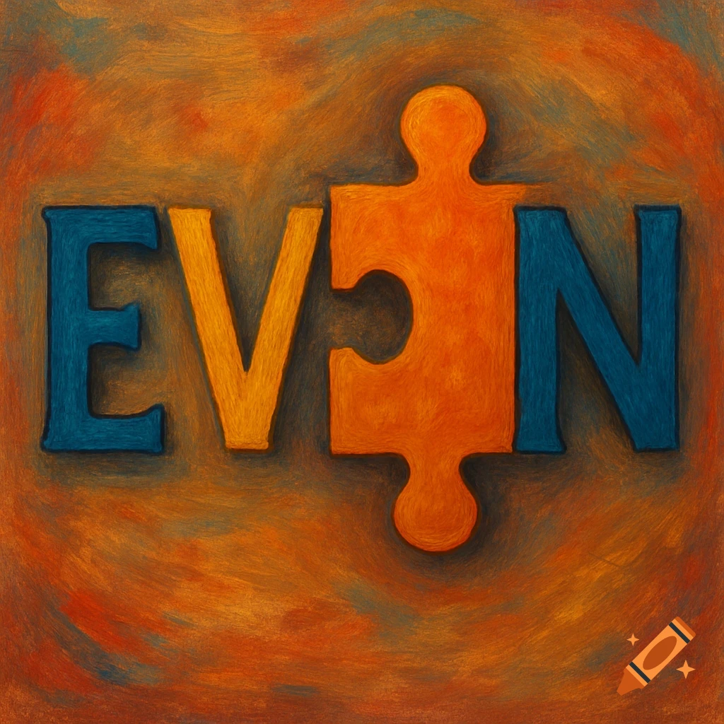Letters EV and N and an orange puzzle piece in a painted style on a textured background.