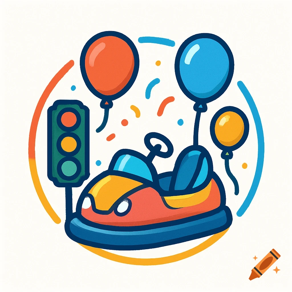 Stylized illustration of a bumper car with balloons and a traffic light.