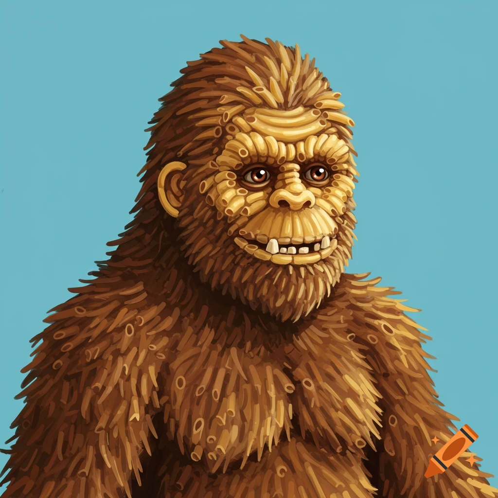 Illustration of a Bigfoot made of macaroni against a blue background.