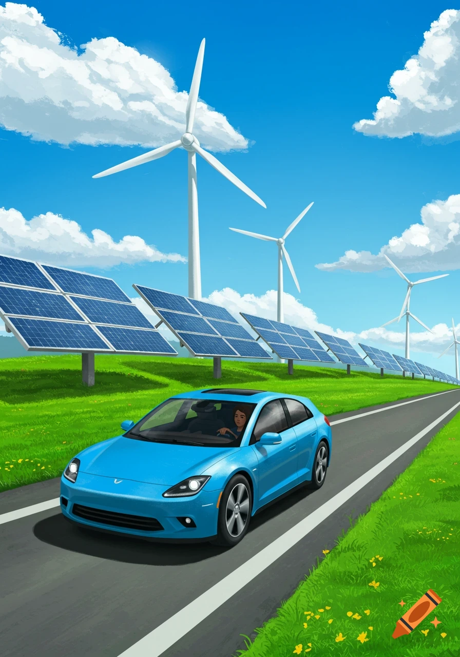 An illustrated blue car drives past solar panels and wind turbines on a road.