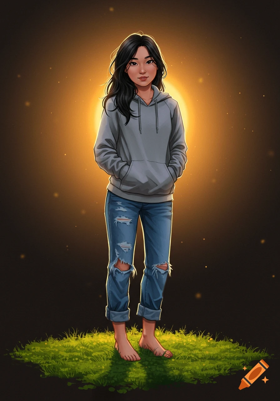 Stylized illustration of a barefoot woman in a grey hoodie and ripped jeans standing on grass with a bright light behind her.