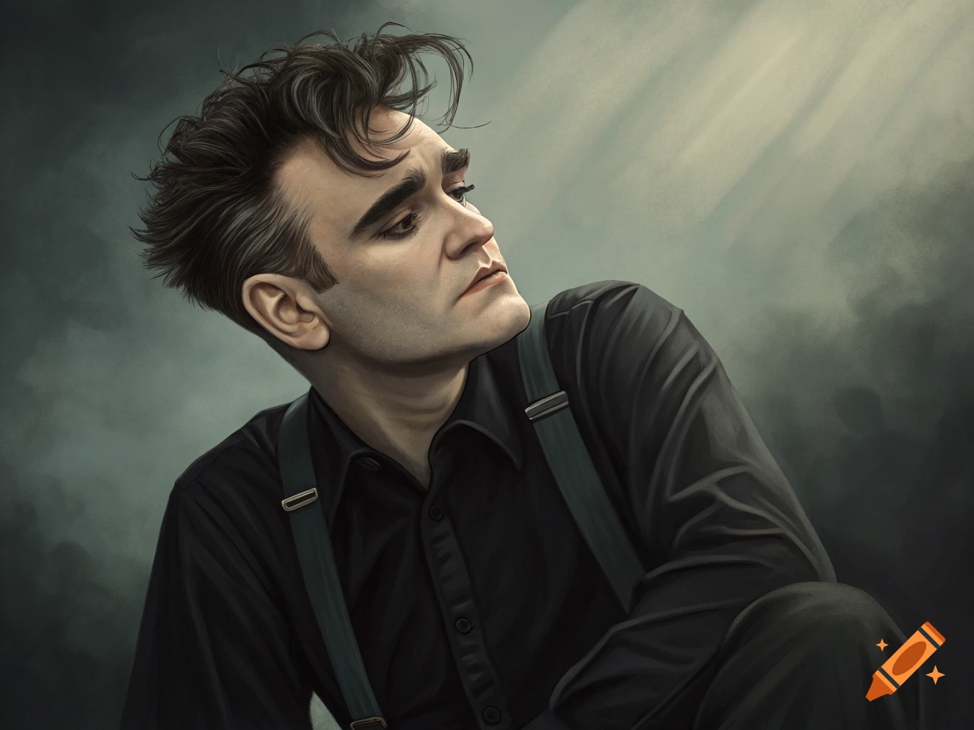 Digital painting of a man with dark hair in a black shirt and suspenders, looking up.