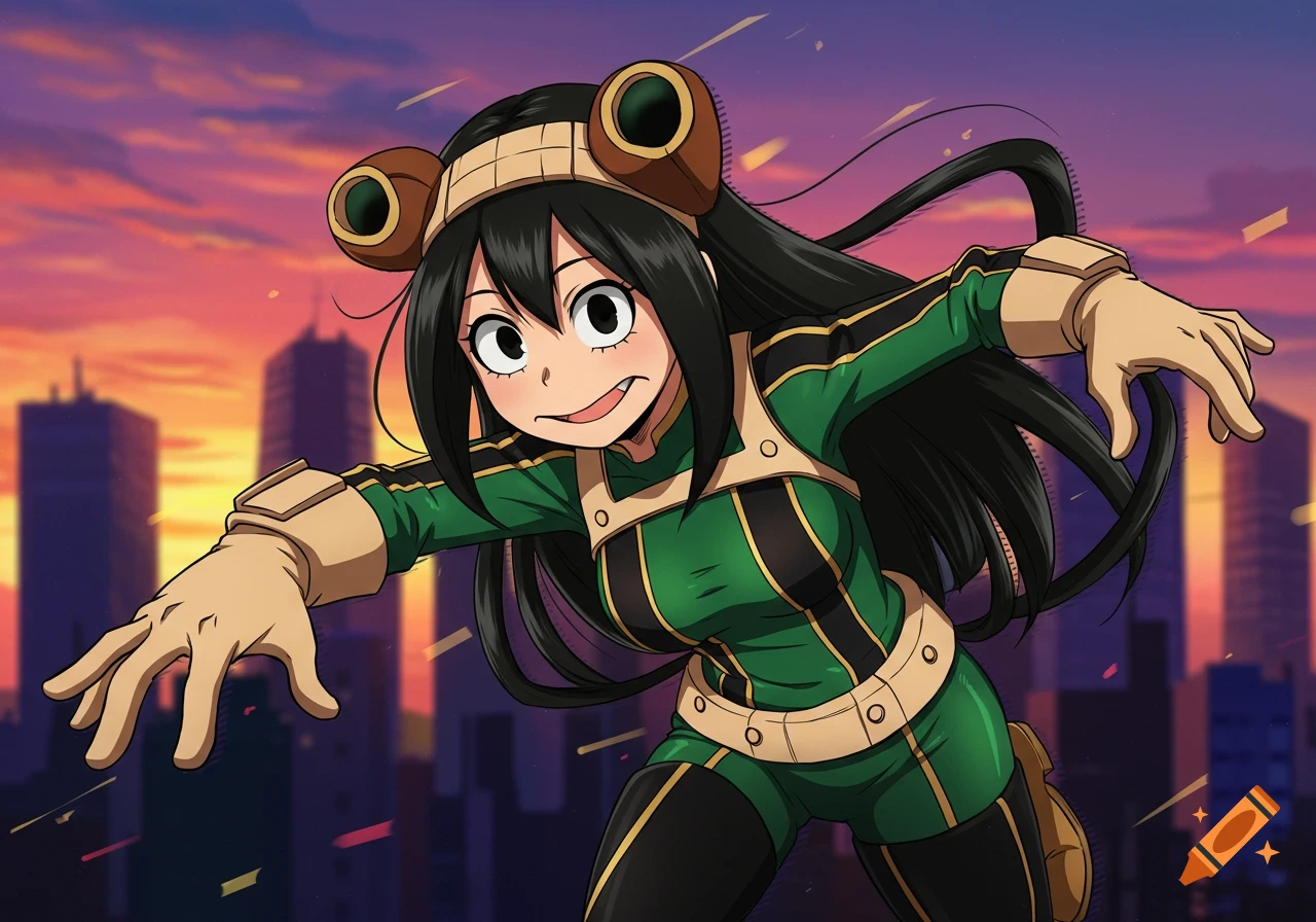 Anime illustration of Tsuyu Asui in hero costume jumping against a city sunset.