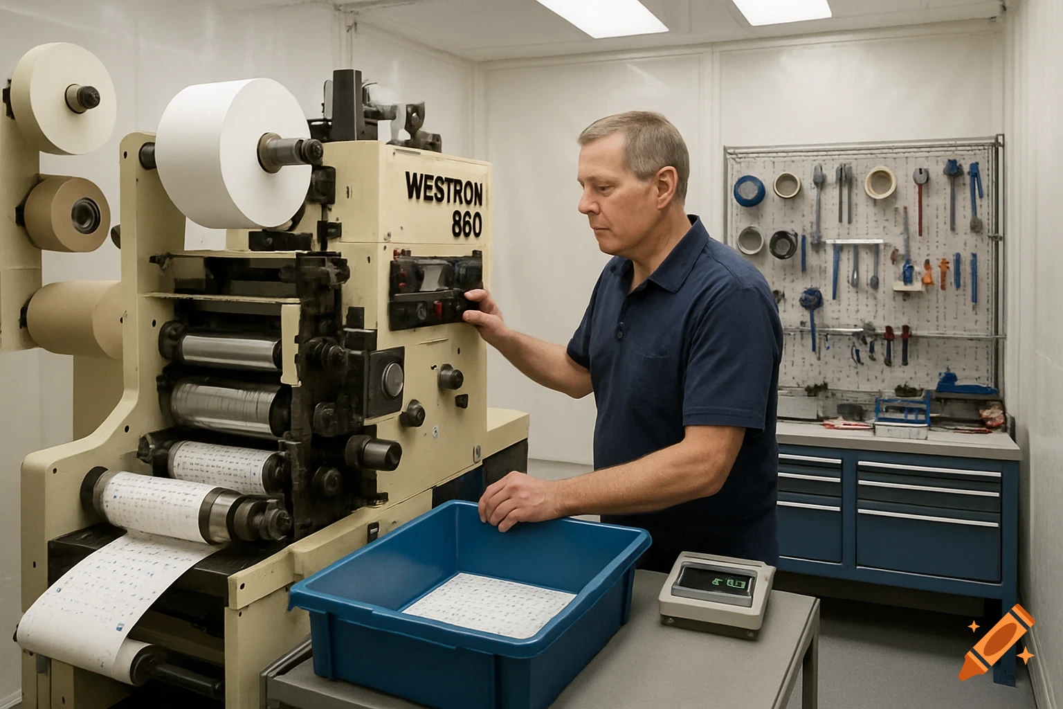A man operates a printing press in a clean room, with a blue bin and scale nearby.