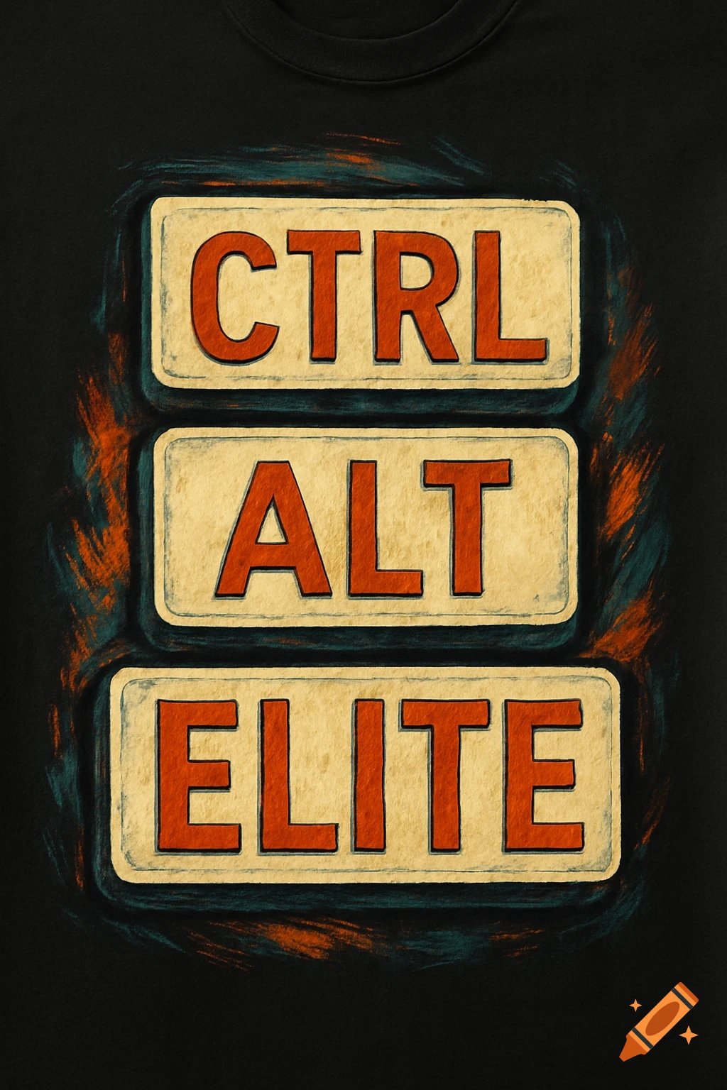 A shirt design featuring three buttons labeled 'CTRL', 'ALT', and 'ELITE' with a grunge effect.