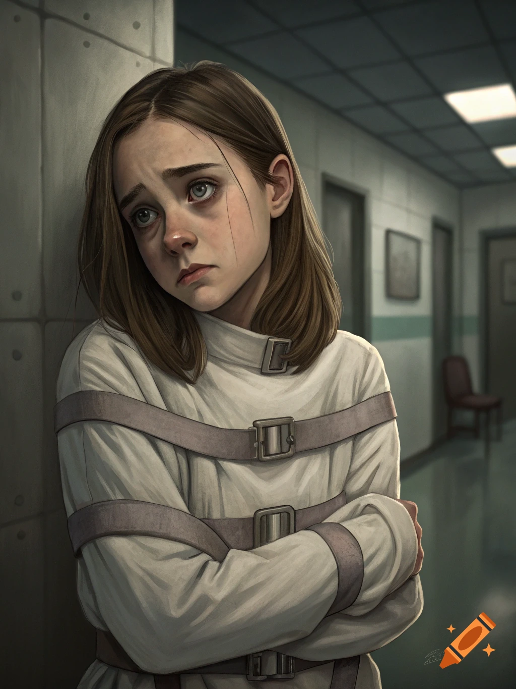 A young girl in a straitjacket looks distressed in a dimly lit hallway.