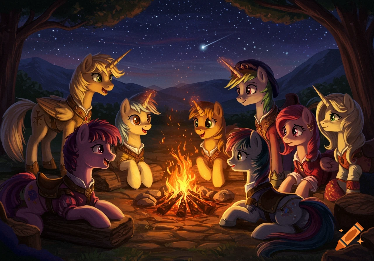 Several ponies sit around a campfire at night under a starry sky.