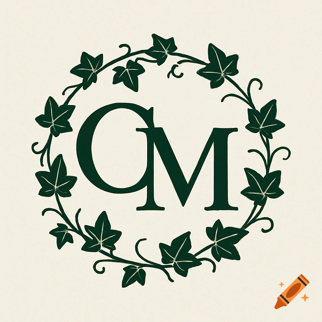 Dark green CM monogram surrounded by an ivy wreath on a light background.