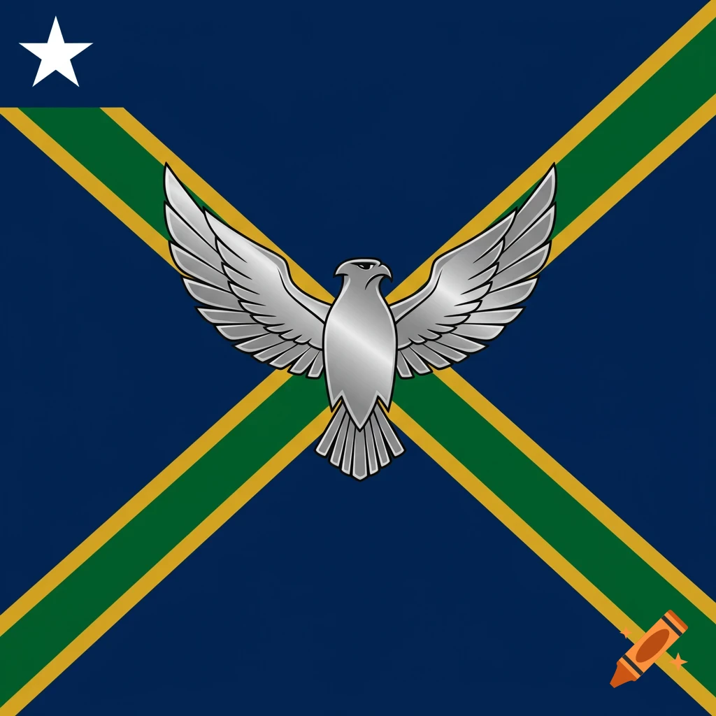A blue flag with a silver eagle, diagonal green and gold stripes, and a white star in the top left.