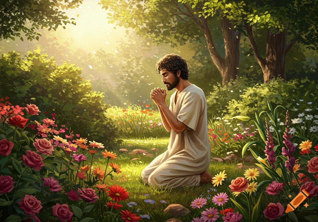 Man kneeling in prayer in a sunlit garden filled with flowers, painterly style.