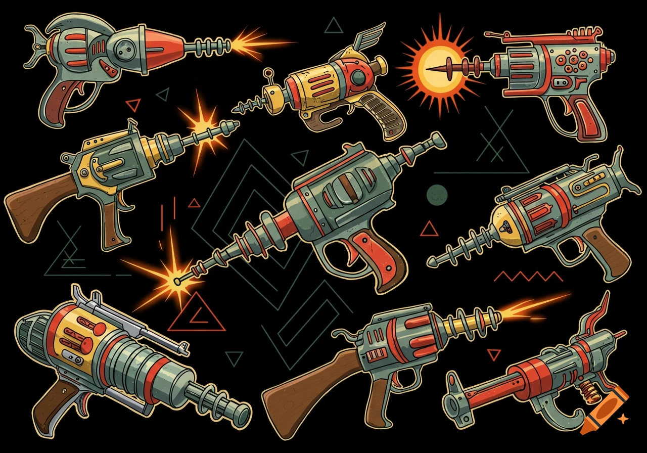 A collection of retro ray guns in American traditional tattoo art style on a black background.