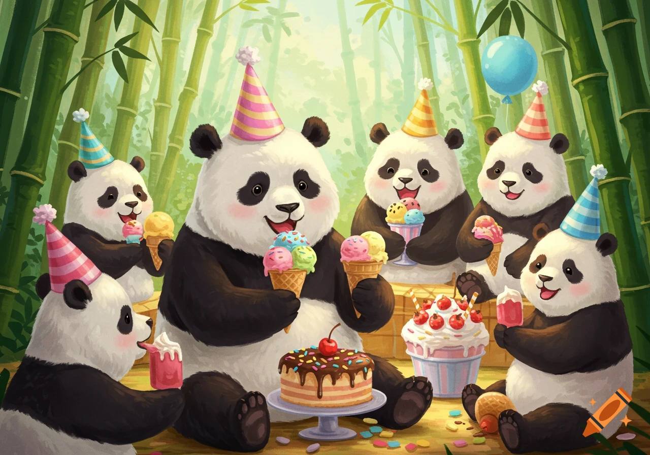 Cute pandas in party hats eating ice cream and cake.