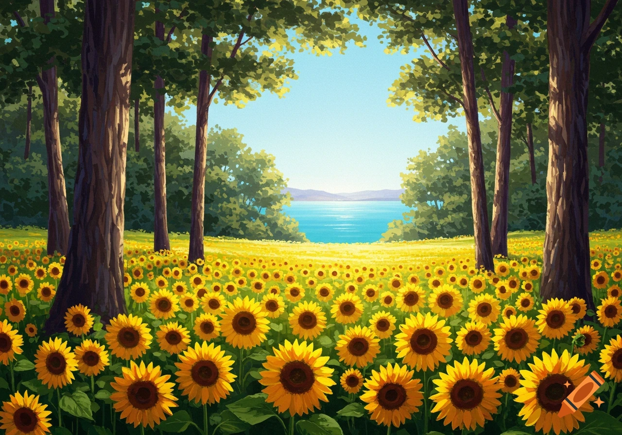 A field of yellow sunflowers in front of a forest, with a blue lake or sea in the background under a clear sky. Painted style.