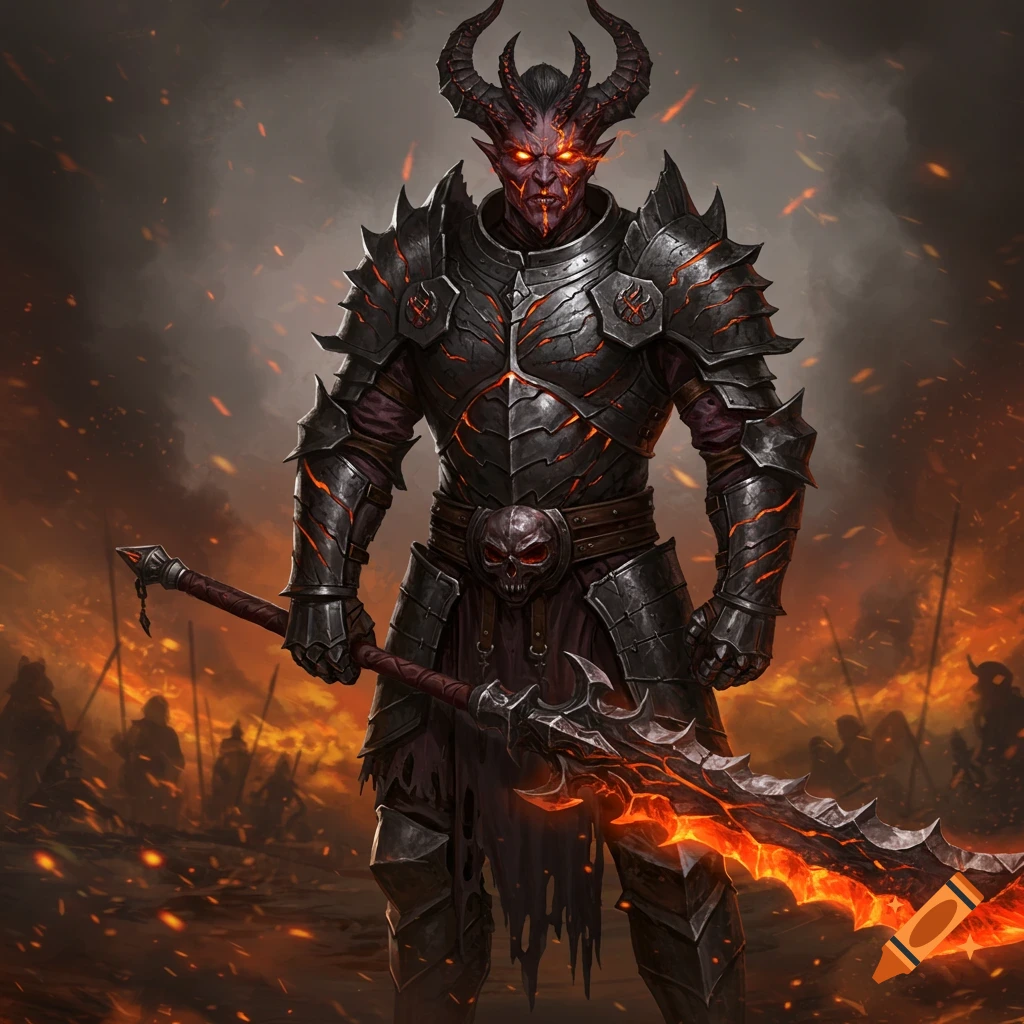 A demon soldier in black armor with horns, glowing eyes, and a fiery sword stands on a hellish battlefield.