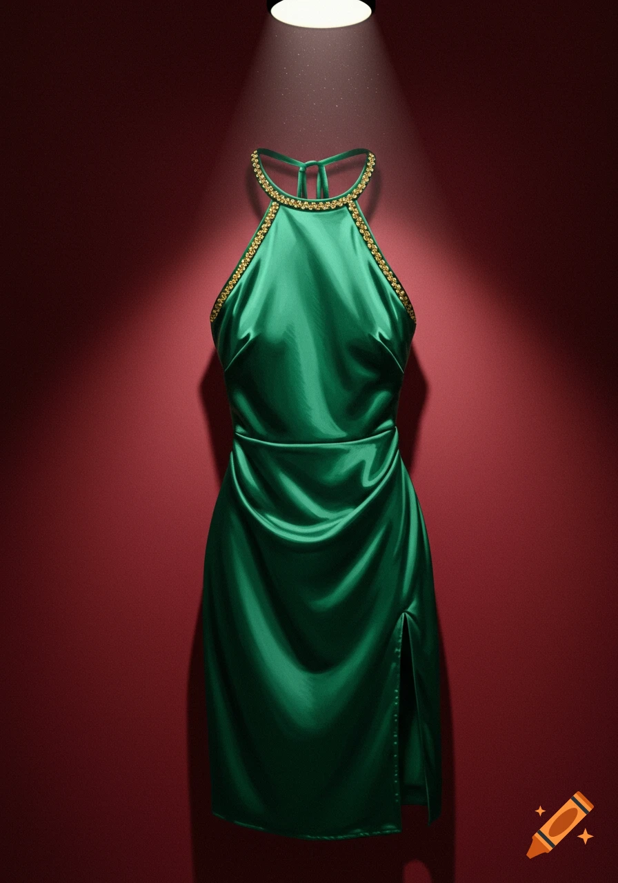 A green satin dress with jeweled halter neckline hangs on a red background under a spotlight.