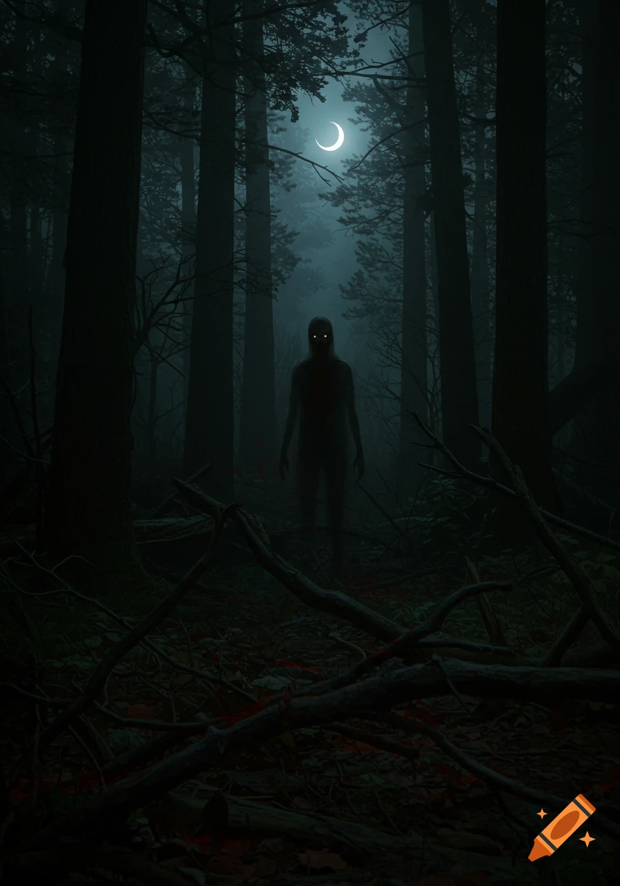 A dark figure with glowing eyes stands in a misty forest at night under a crescent moon. Trail cam horror style.