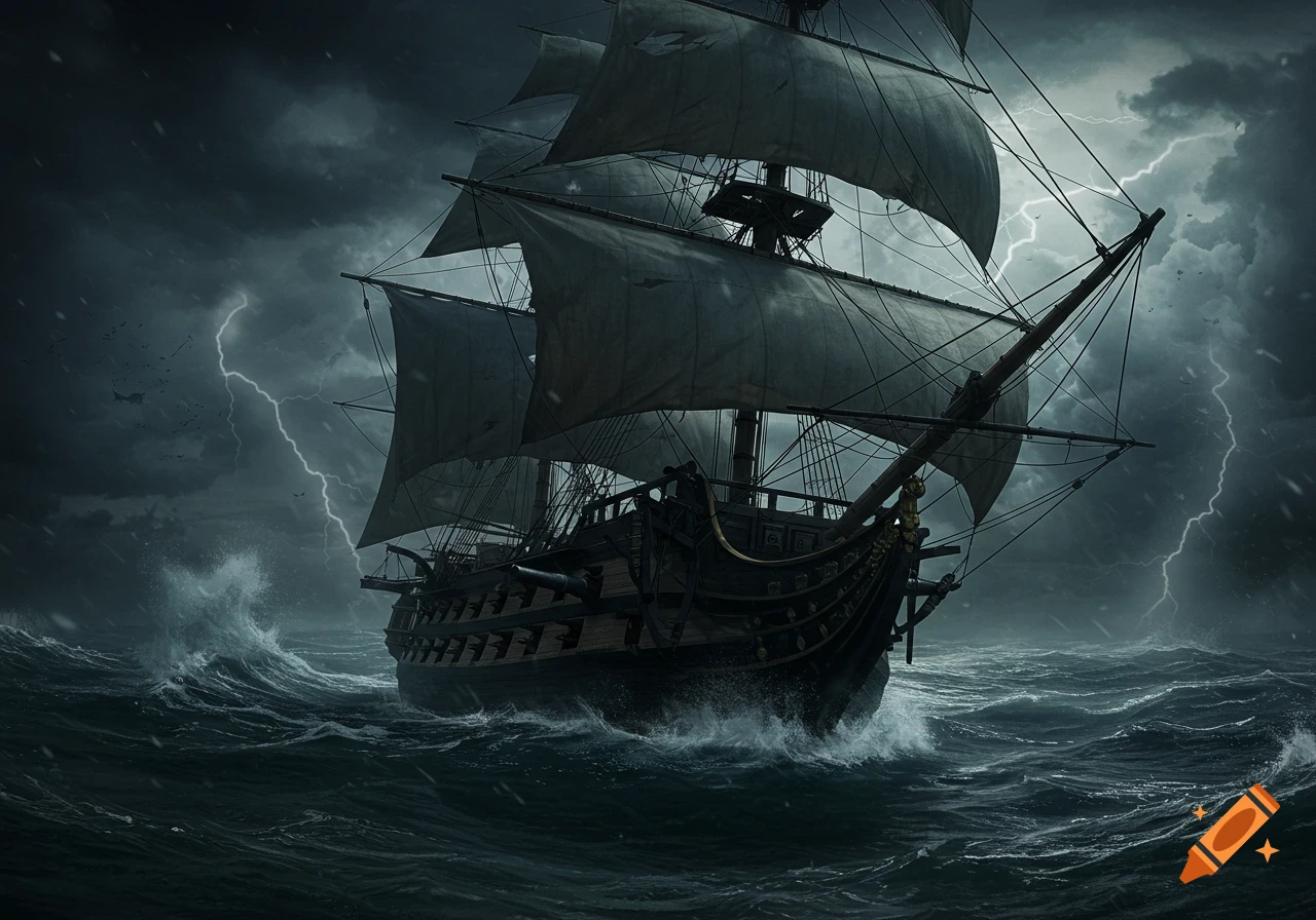 A historical sailing ship battles a storm at sea with lightning.