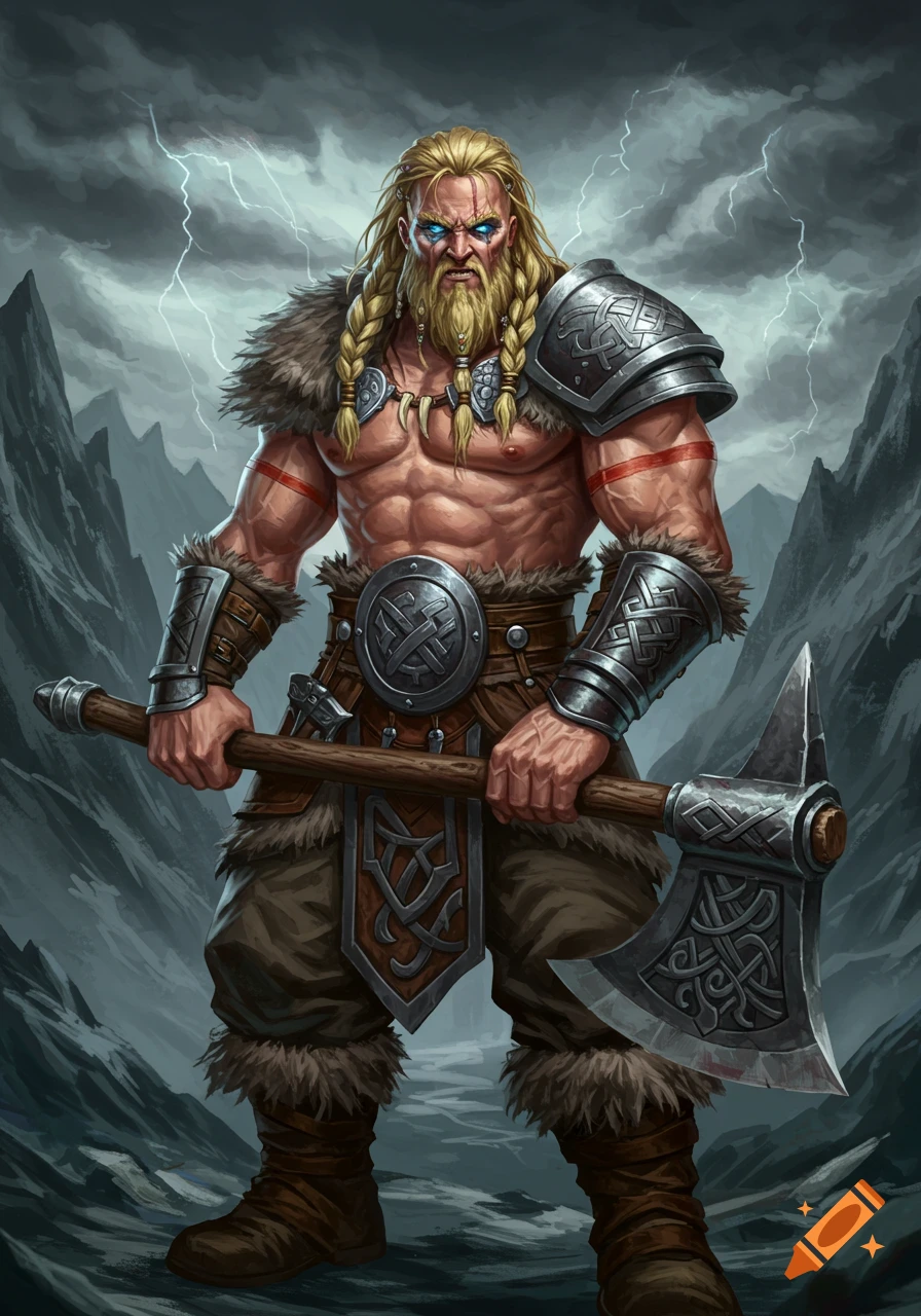 Muscular barbarian warrior with braided blonde hair and beard holds a large axe under a stormy, lightning-filled sky.