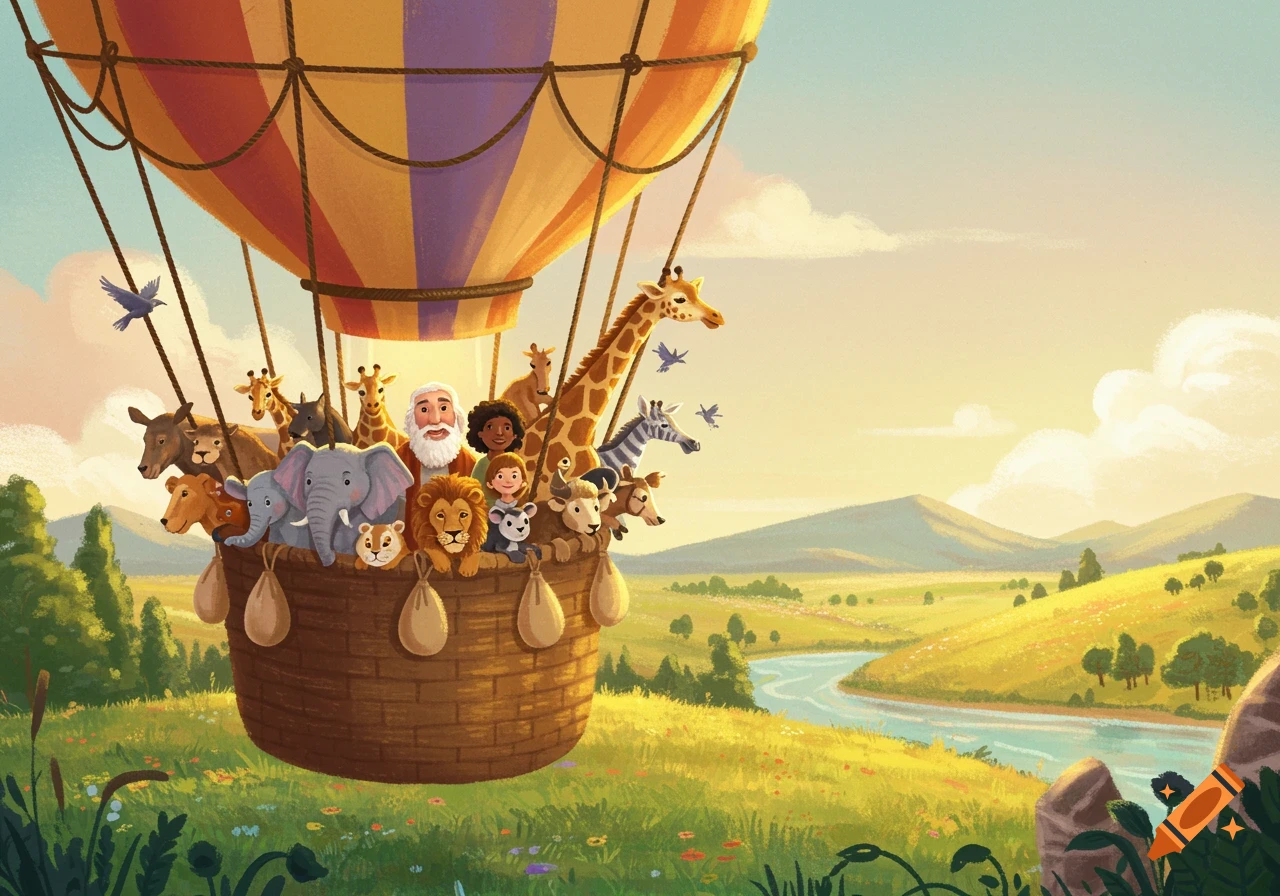 Noah, his family, and pairs of animals ride in a hot air balloon over a green landscape in a colorful illustration.