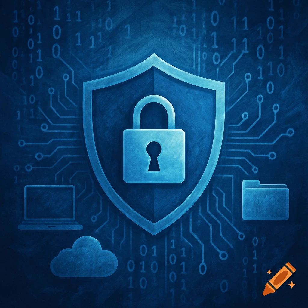 A blue shield with a lock over binary code and circuit lines, with icons for laptop, cloud, and folder.