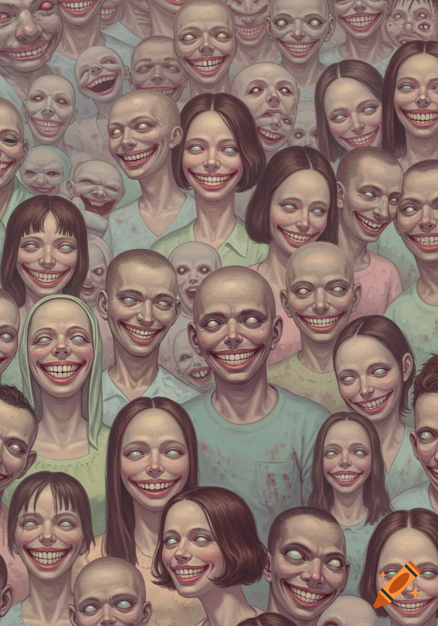 Illustration of a crowd of people with wide, uncanny smiles and blank eyes.