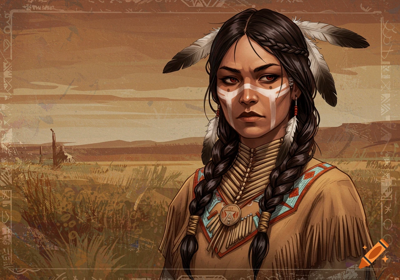 Illustrated portrait of a woman with face paint and braids wearing traditional attire in a desert landscape.