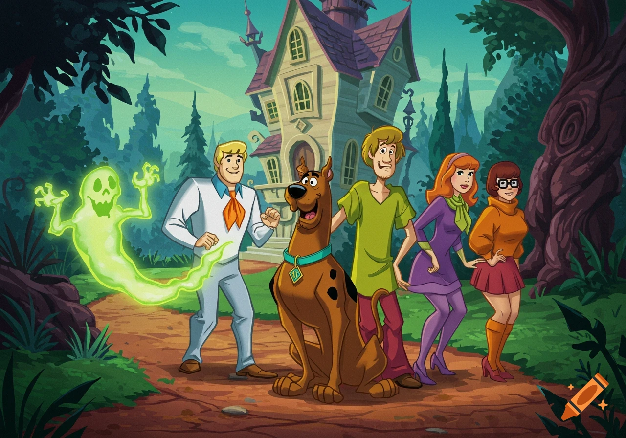 The Scooby-Doo gang stands on a path outside a haunted house with a ghost.