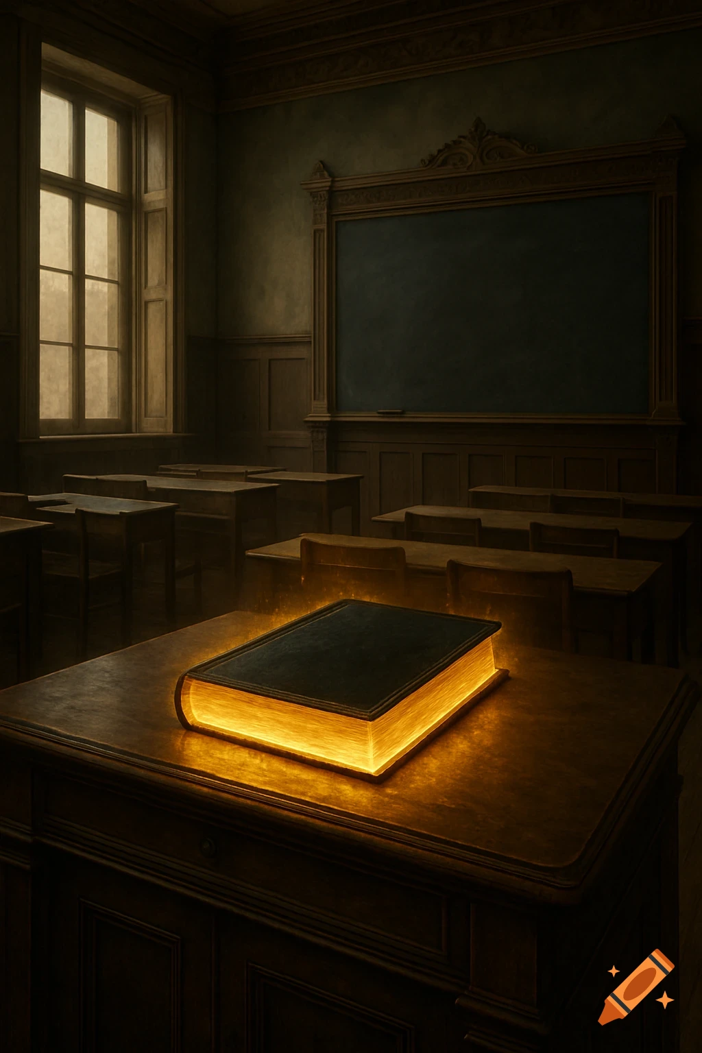 A glowing book sits on a desk in a dark, empty classroom.