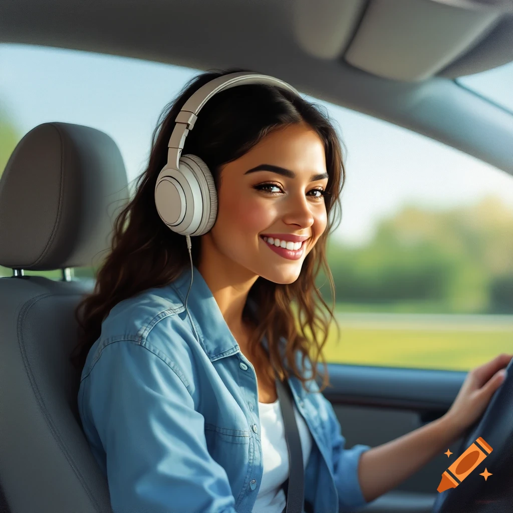 A smiling woman wears headphones while driving a car.