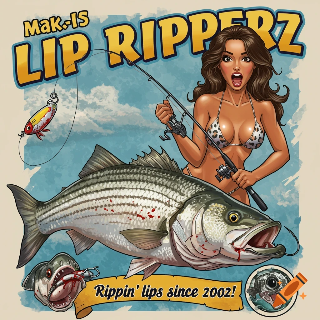 Stylized illustration of a woman in a bikini holding a fishing rod with a large striped bass, text "Lip Ripperz" and "Rippin' lips since 2002!"