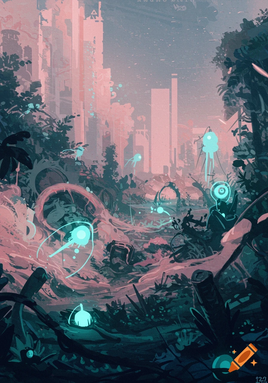 Digital painting of a ruined city overgrown with nature, with glowing turquoise abstract shapes floating among the debris.