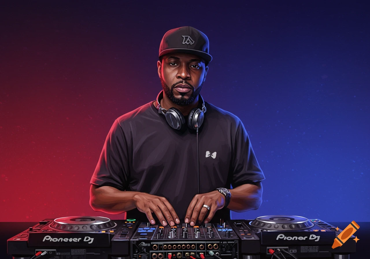 A man wears headphones and stands behind DJ turntables and a mixer, rendered in a stylized digital art style with red and blue lighting.