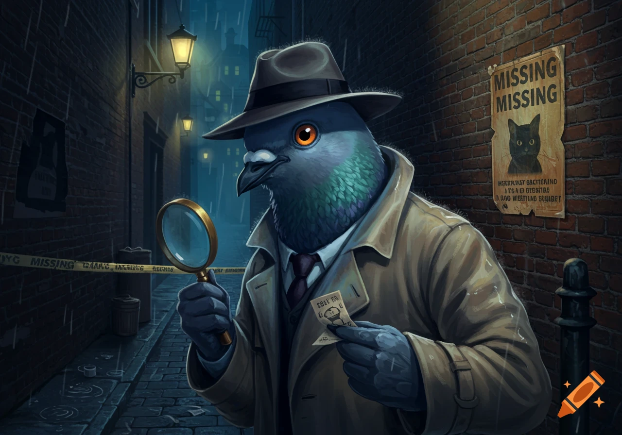 A pigeon detective in a trench coat and hat holds a magnifying glass in a rainy alley with a missing poster.