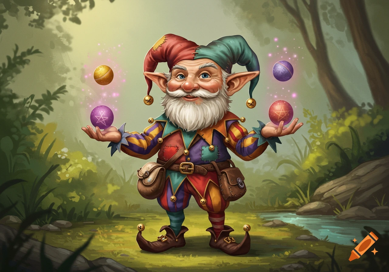 A fantasy illustration of a gnome jester juggling glowing orbs in a forest.