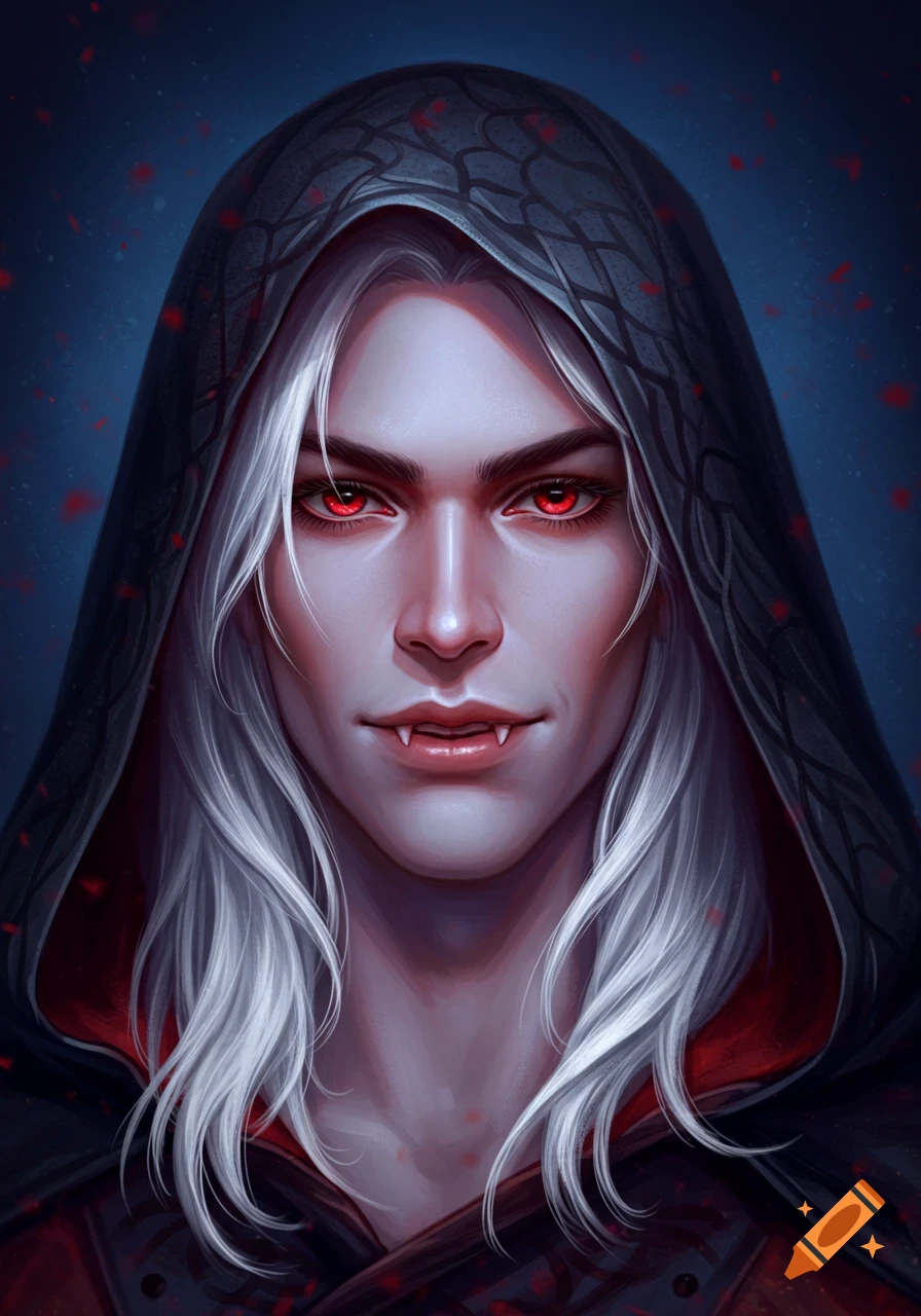 A portrait of a male vampire with white hair, glowing red eyes, prominent fangs, and a dark hooded cloak.