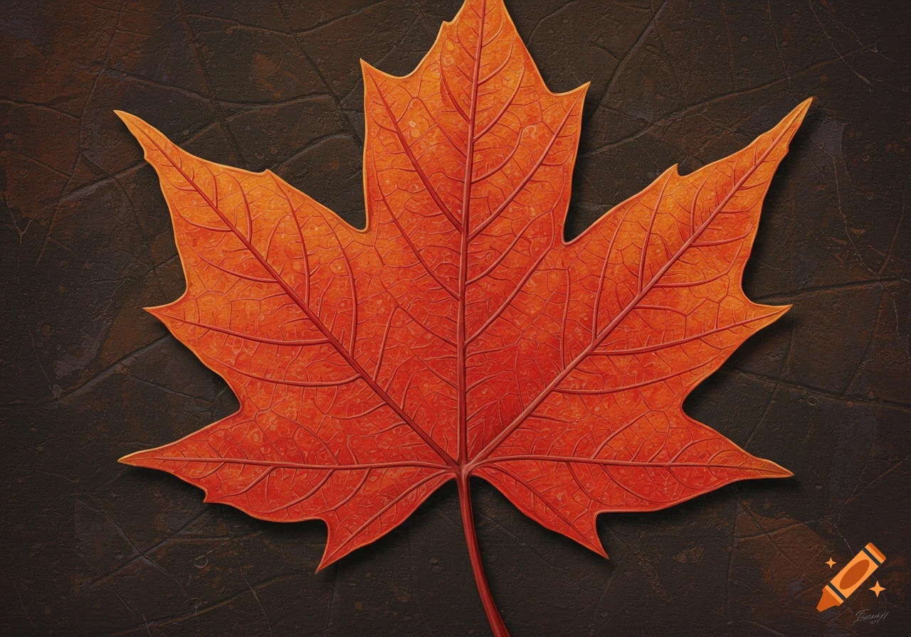 Detailed red and orange autumn maple leaf engraving on a dark textured background.