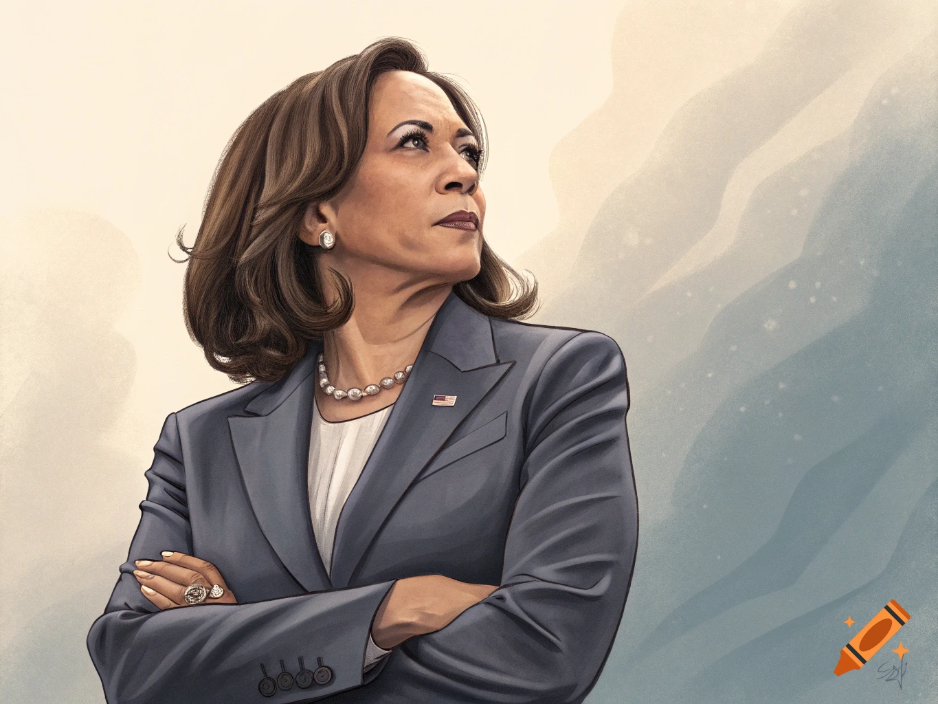 Stylized portrait of Kamala Harris with arms crossed, looking up