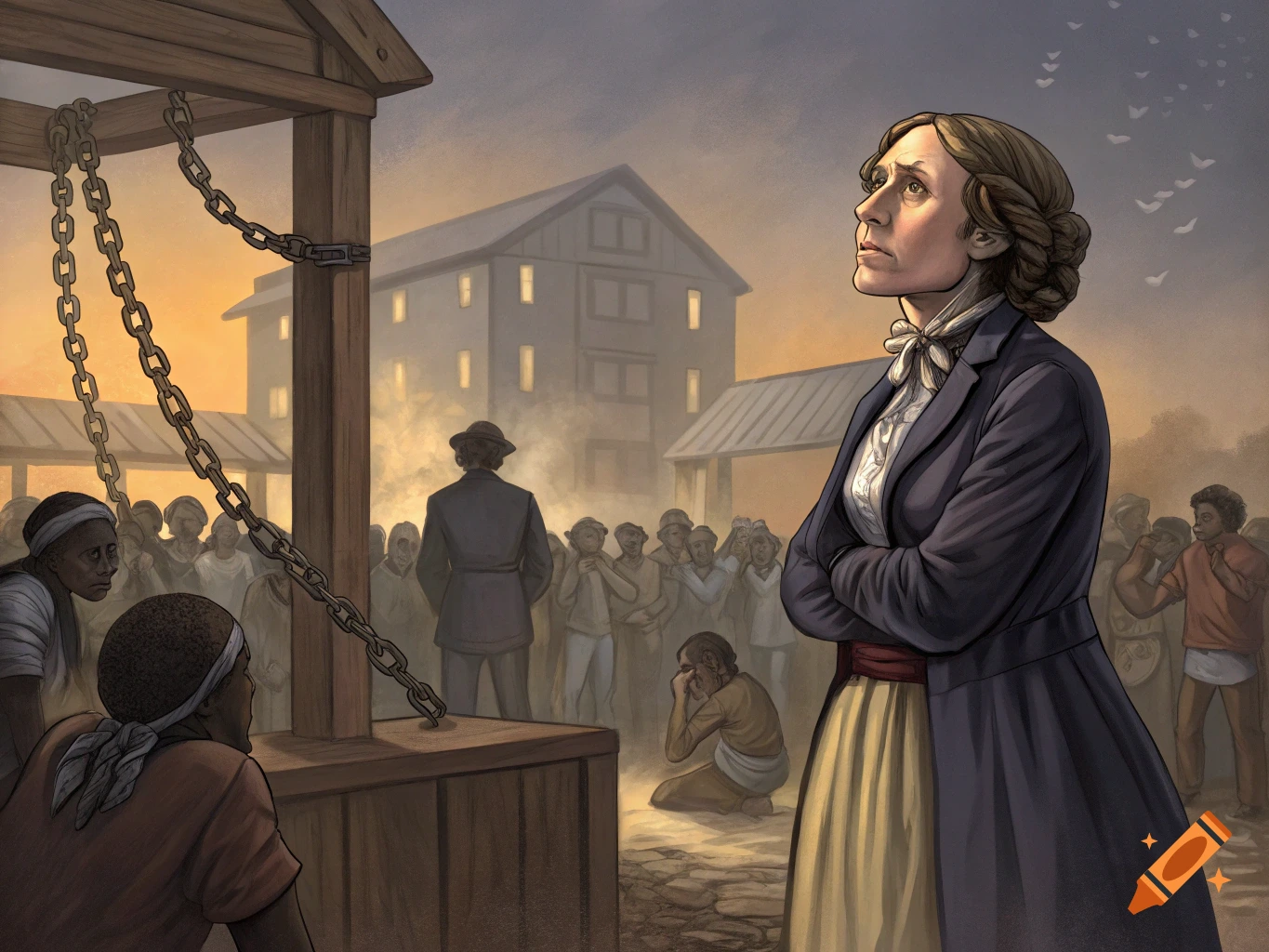 Illustration of Harriet Beecher Stowe watching a slave auction with a crowd.