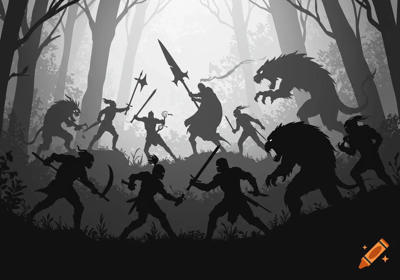 Black and white silhouette of a fantasy battle between figures and monsters in a forest.