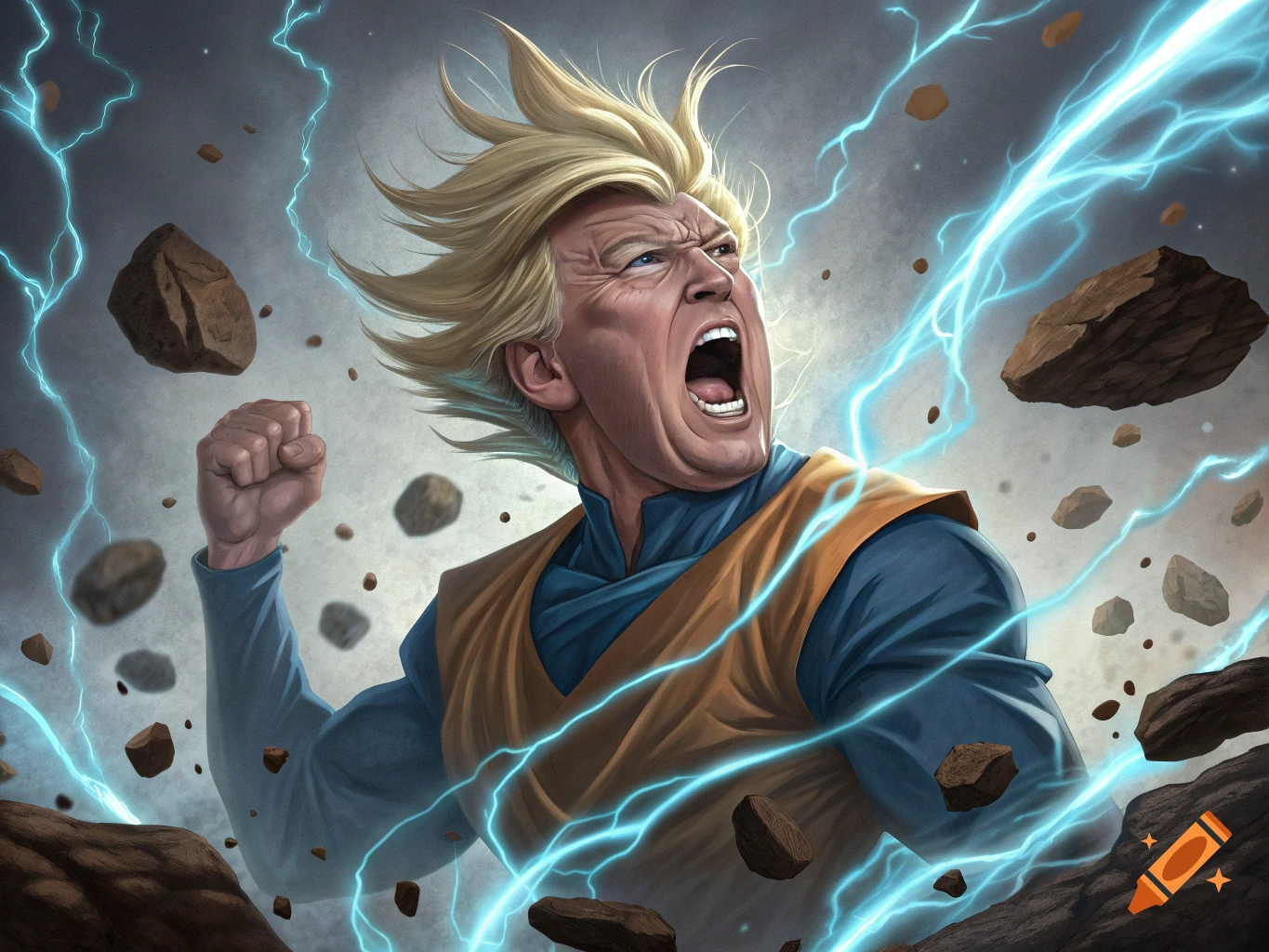 Donald Trump screaming in Super Saiyan pose with lightning and rocks