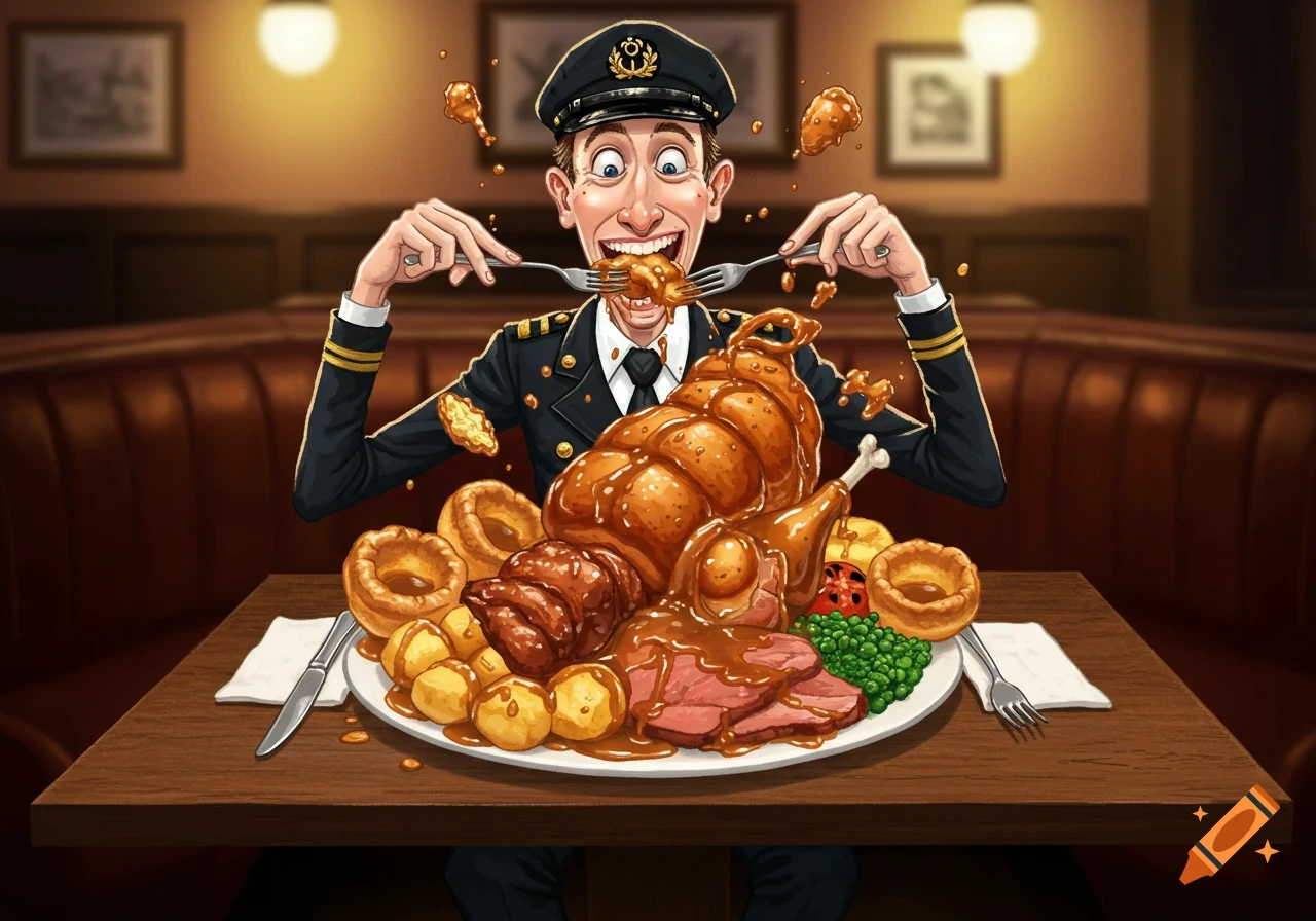 Cartoon man in captain uniform devouring a huge pub carvery meal.