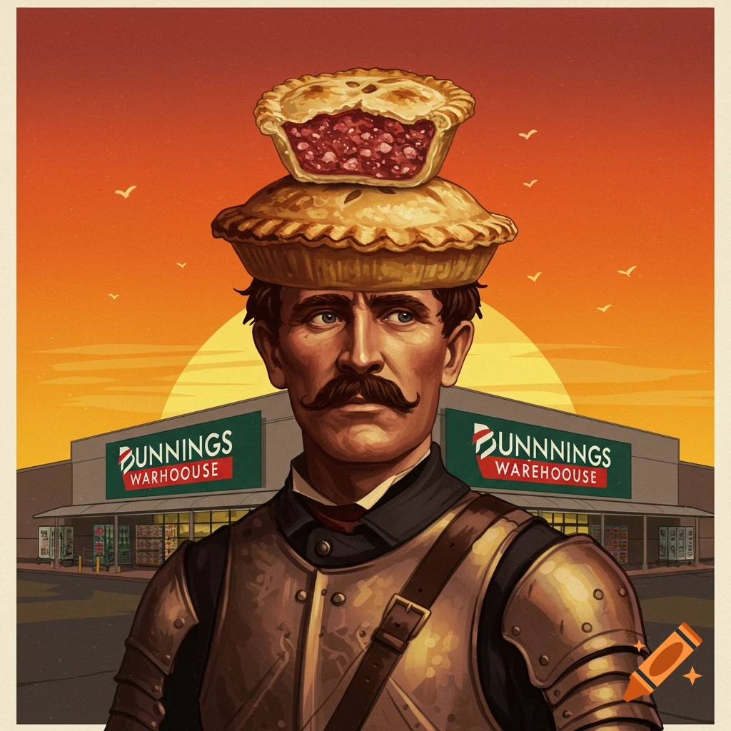 Illustration of a man in armour wearing meat pies as a helmet in front of a Bunnings warehouse at sunset.