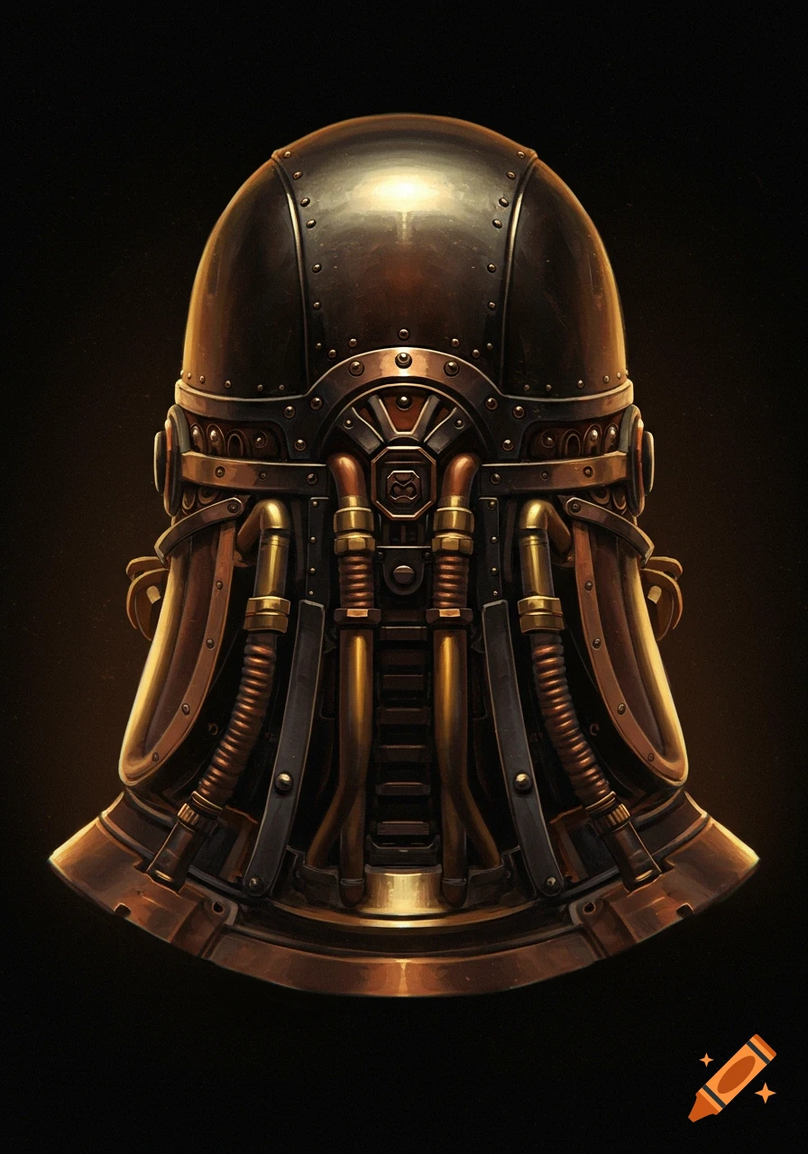 A detailed steampunk space helmet viewed from the back, featuring copper and brass pipes and fittings.
