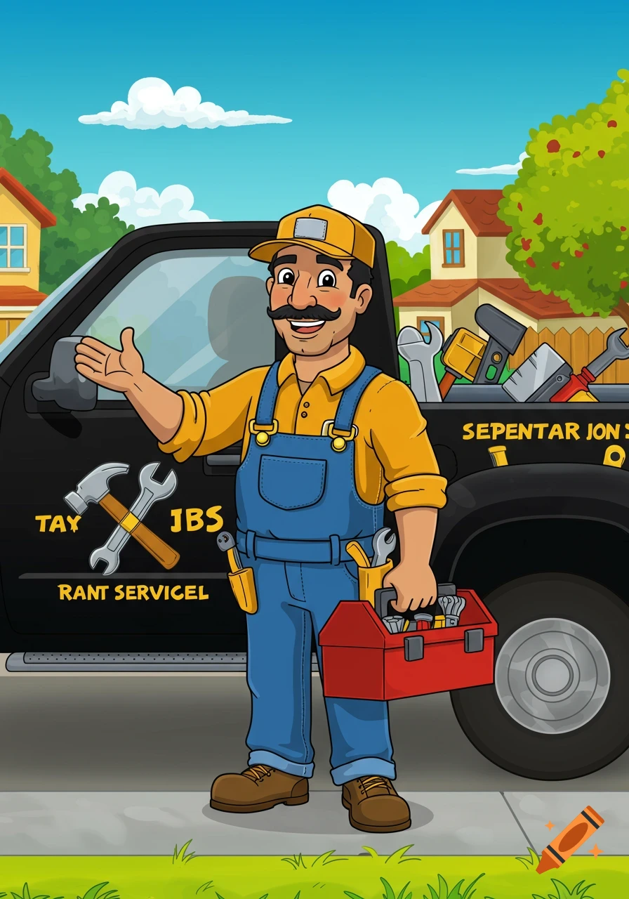 Cartoon handyman stands beside a black pickup truck with tools.
