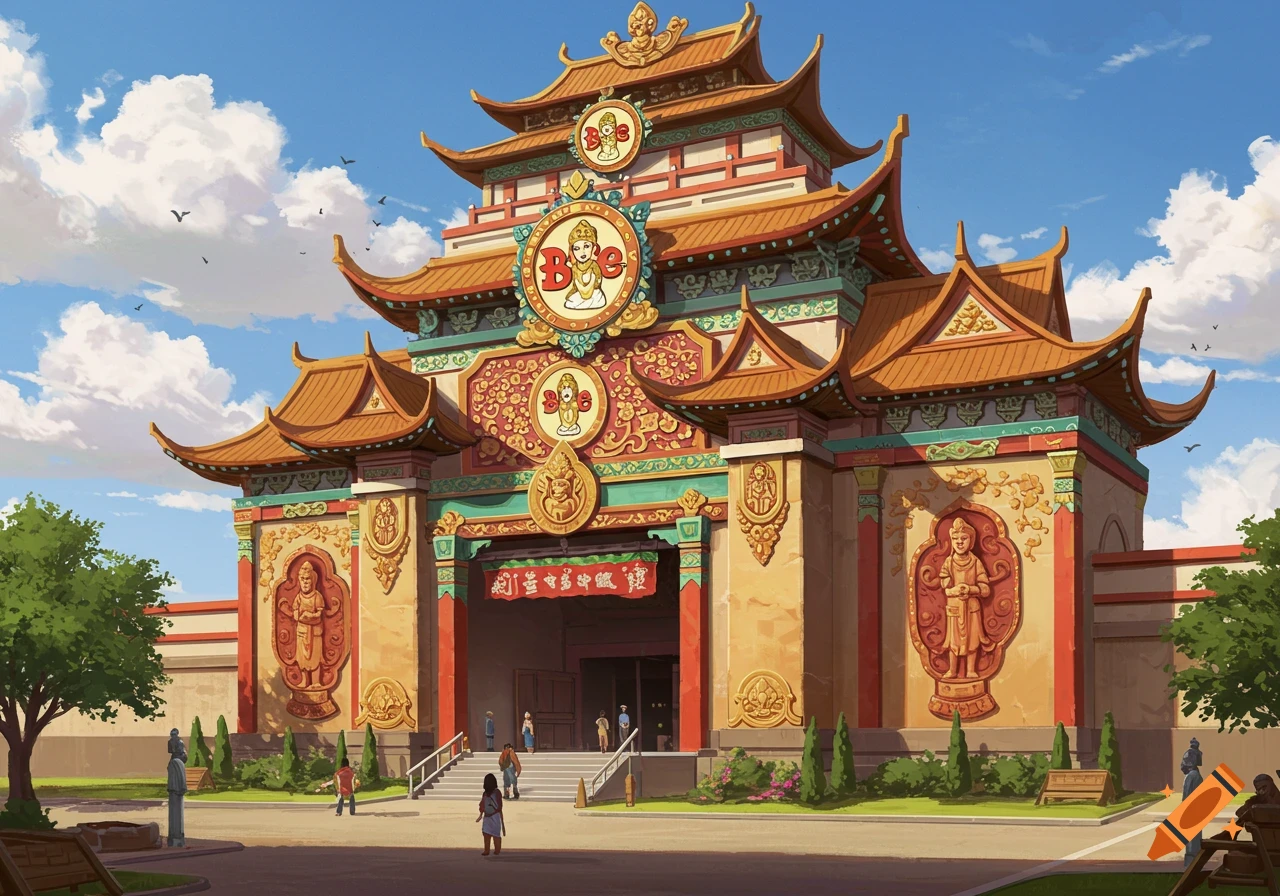 Large, ornate building resembling a hybrid Buddhist temple and retail store facade with people outside.