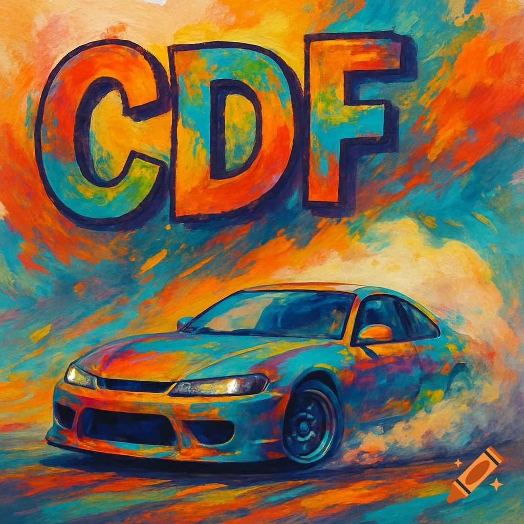 Multi-colored painting of a car drifting with smoke and large letters CDF