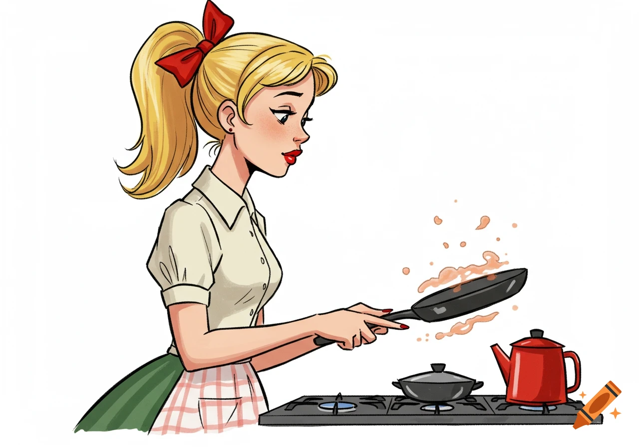 Illustration of a woman in 1950s style clothes cooking with a frying pan.