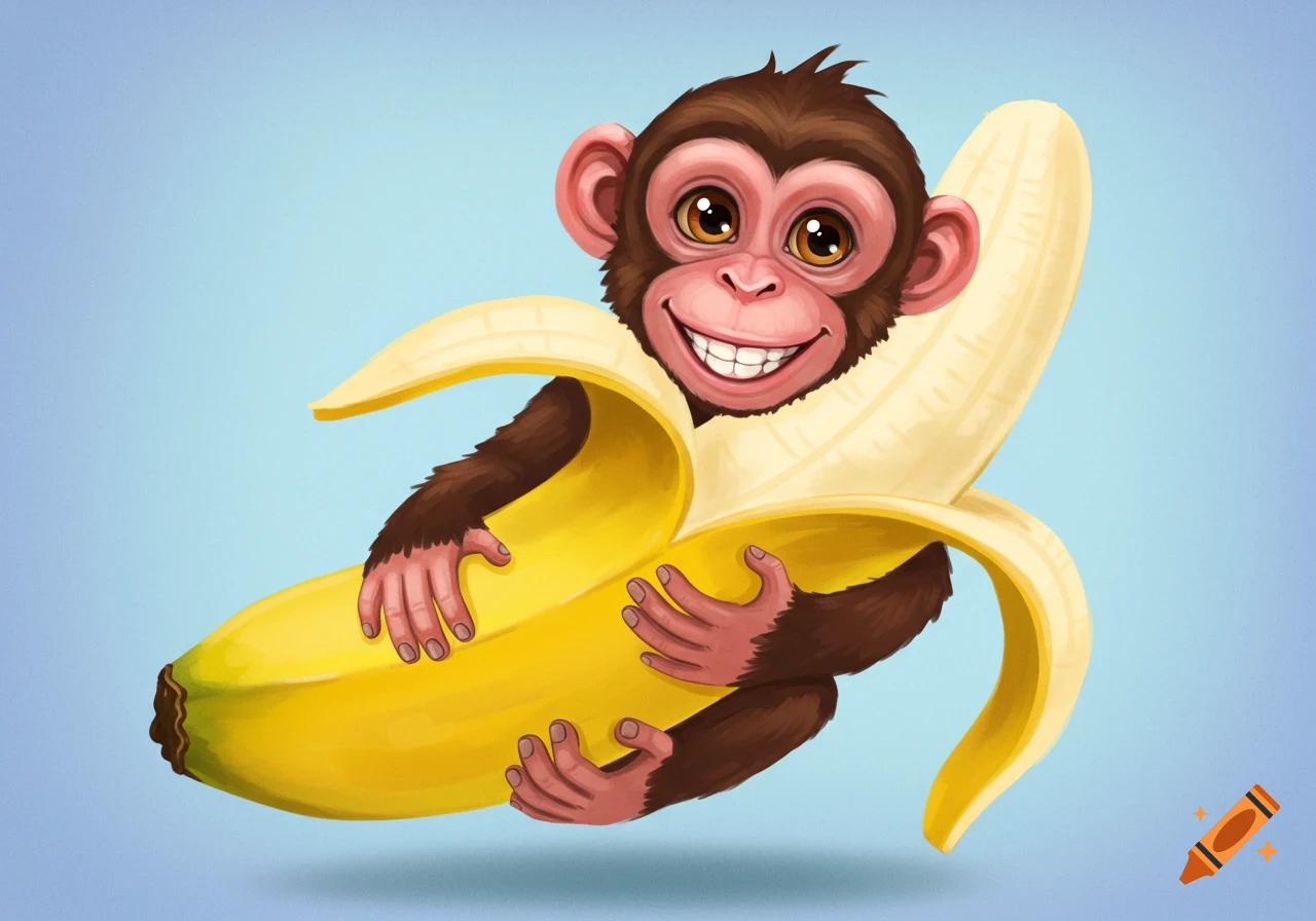 Cartoon illustration of a monkey peeking out of a banana.