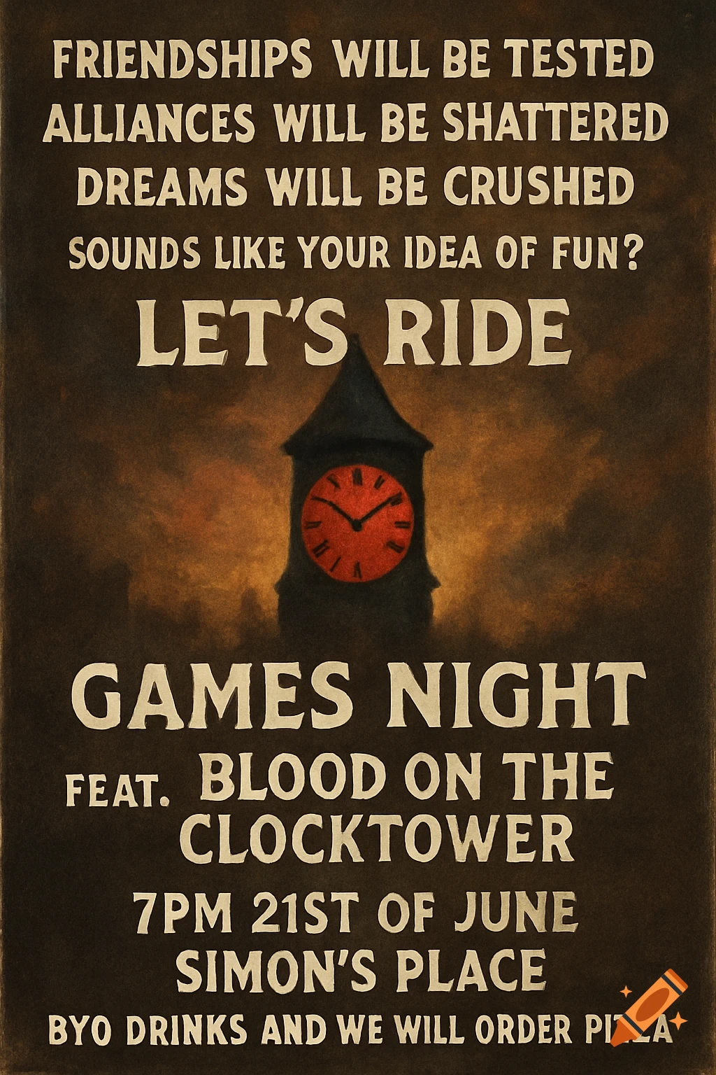 A dark-toned poster with text promoting a game night featuring Blood on the Clocktower, with a silhouetted clock tower graphic in the center.